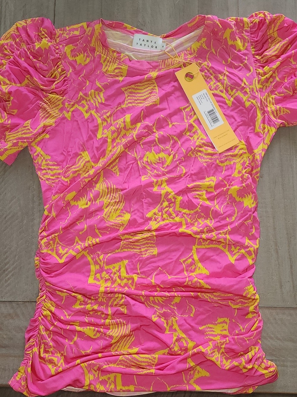 Tanya Taylor Hot Pink & Yellow Ruched Short Sleeve Top
